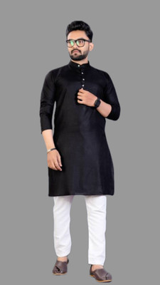 HouseOfCommon Men Solid A-line Kurta(Black)