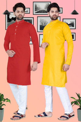 SURATILALA Men Solid Straight Kurta(Yellow, Red)