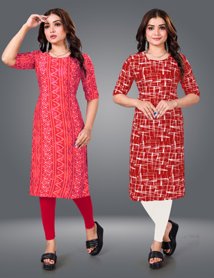 MOBHISA Women Printed Straight Kurta(Red)