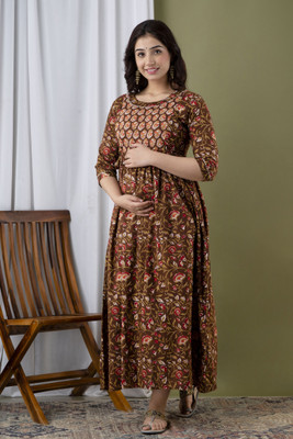 Akshara Fashion Women Printed Flared Kurta(Brown)