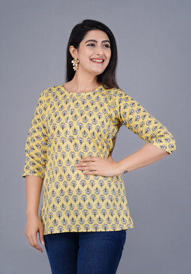 raavi fashion Women Printed Straight Kurta(Yellow)