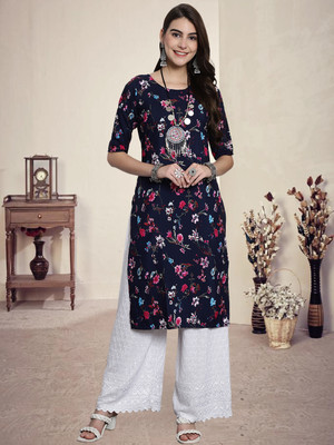 1 Stop Fashion Women Printed A-line Kurta(Dark Blue)
