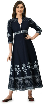 EZIS FASHION Women Printed Straight Kurta(Dark Blue)