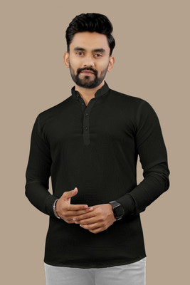 LEVIDE Men Solid Trail Cut Kurta(Black)