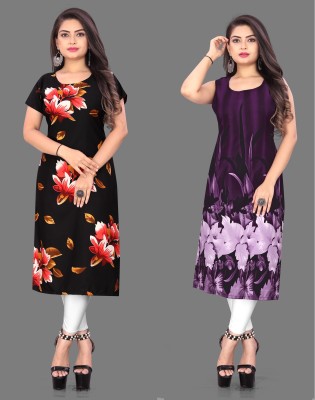 Hiral Creation Women Floral Print Straight Kurta(Black, Purple)