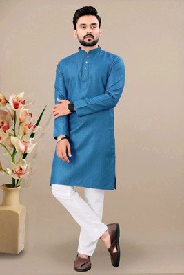 SHIVGARMENT Men Solid Straight Kurta(Blue)