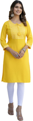 MF HAYAT Women Embroidered Straight Kurta(Yellow)