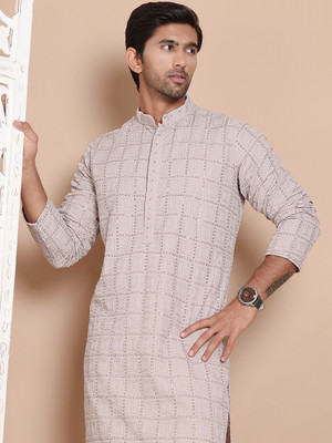 Jompers Men Embroidered Straight Kurta(Grey)