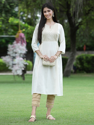 Juniper Women Embroidered Flared Kurta(White)