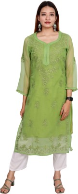 INDICRAFT Women Chikan Embroidery Straight Kurta(Green)