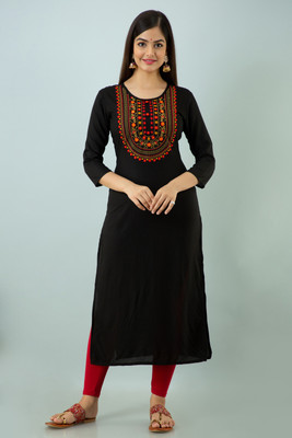 FASHION DEPTH Women Embroidered Straight Kurta(Black)