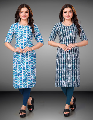 MOBHISA Women Printed Straight Kurta(Light Blue)