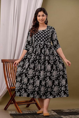 Viyu Creations Women Floral Print Anarkali Kurta(Black)