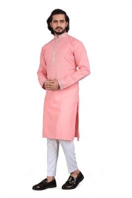 Gupta Men Woven Design A-line Kurta(Pink)