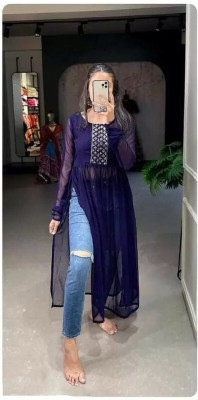 CRYSTAL ENTERPRISE Women Embroidered Anarkali Kurta(Dark Blue, Silver)