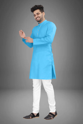 omkar Men Solid Straight Kurta(Light Blue)