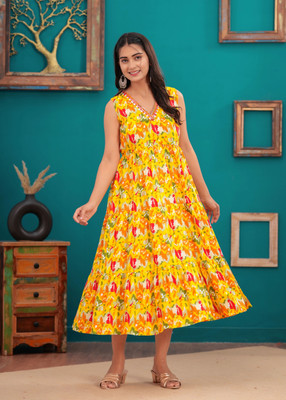 RD Fab Women Embroidered, Floral Print Anarkali Kurta(Yellow)