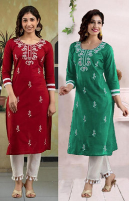 vikshi Women Chikan Embroidery Straight Kurta(Multicolor)