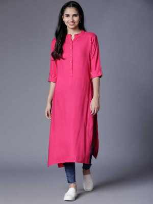 Demirner Women Solid Straight Kurta(Pink)