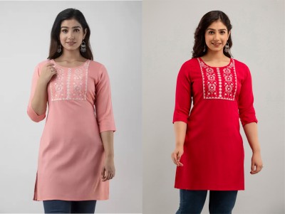 CLANGER Women Embroidered A-line Kurta(Pink, Red, White)