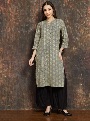 Melange by Lifestyle Women Printed Straight Kurta(Yellow, Black)
