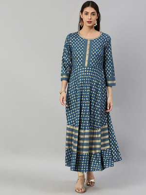 Yash Gallery Women Printed Anarkali Kurta(Blue)