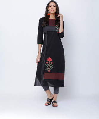 Vishudh Women Printed Straight Kurta(Black)