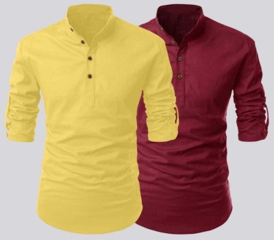 Men Solid Kurta(Yellow, Maroon)