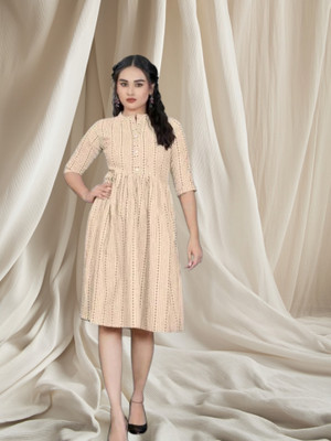 Texpa Fashionfr Women Fit and Flare Beige Midi/Calf Length Dress