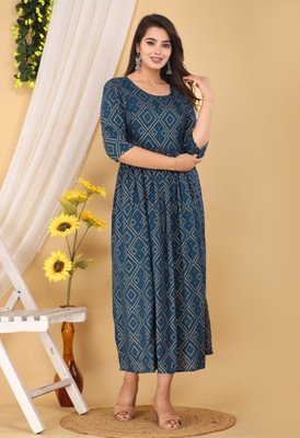 KT fashion Women Printed Flared Kurta(Blue)