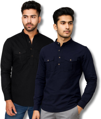 VIMASUTI Men Solid Straight Kurta(Black, Dark Blue)