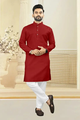 Dollico Men Solid Straight Kurta(Red)