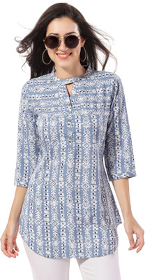 Anmi Blue Poly Crepe Short Tunic Top For Everyday Wear Printed Women Straight Kurta(Light Blue, White, Black)