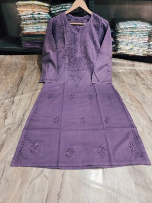 Adab chikan handicraft Women Chikan Embroidery A-line Kurta(Purple)