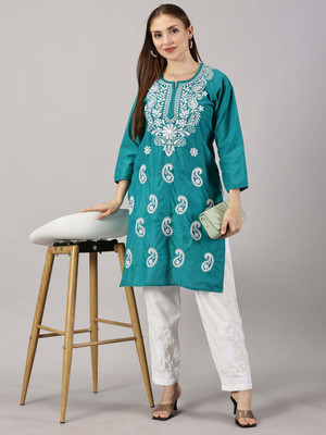 malabis Women Chikan Embroidery, Self Design A-line Kurta(Green)