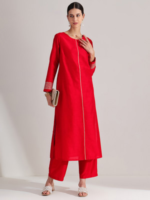 Pink Fort Women Solid Straight Kurta(Red)