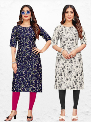 HouseOfCommon Women Embroidered Straight Kurta(Blue, White)