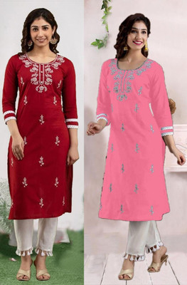 vikshi Women Chikan Embroidery Straight Kurta(Multicolor)