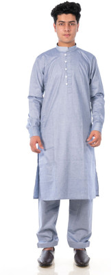 Whitelines Men Solid A-line Kurta(Light Blue)