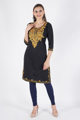 CROWN KING GARMENTS Women Embroidered Straight Kurta(Black)