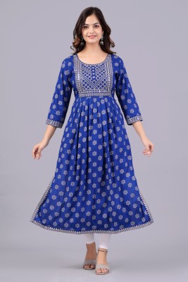 NEW4U Women Embroidered Trail Cut Kurta(Blue)