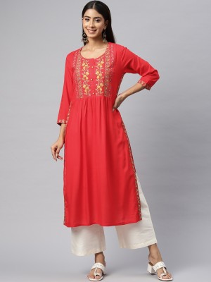 Readiprint Fashions Women Embroidered A-line Kurta(Red)