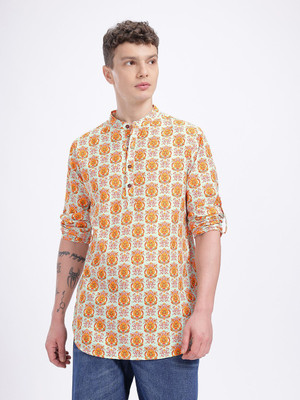 Anouk Rustic Men Printed Straight Kurta(White, Yellow)