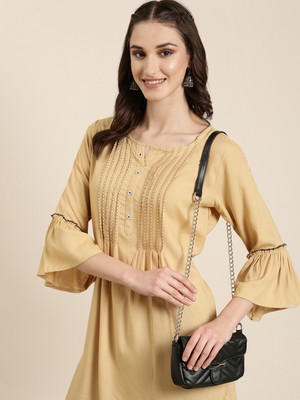 SHOWOFFFF Women Self Design A-line Kurta(Beige)