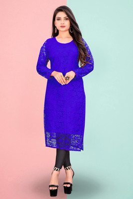 URUFASHIIONMART Women Self Design Straight Kurta(Blue)