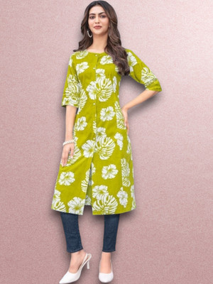 ABHI FAB Women Printed Straight Kurta(Green)