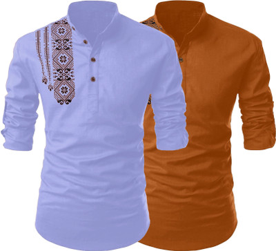 Kavyangle Creation Men Printed Straight Kurta(Blue, Brown)