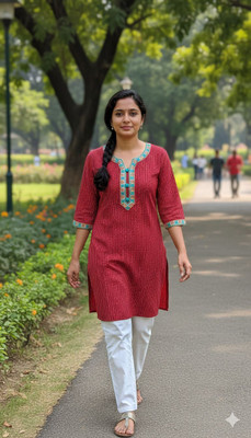 Wellcure enterprises Women Embroidered A-line Kurta(Maroon, Red)
