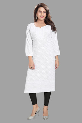 Dream Desi Women Embroidered Straight Kurta(White)