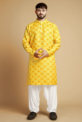 VISHESTA Men Printed Straight Kurta(Yellow)